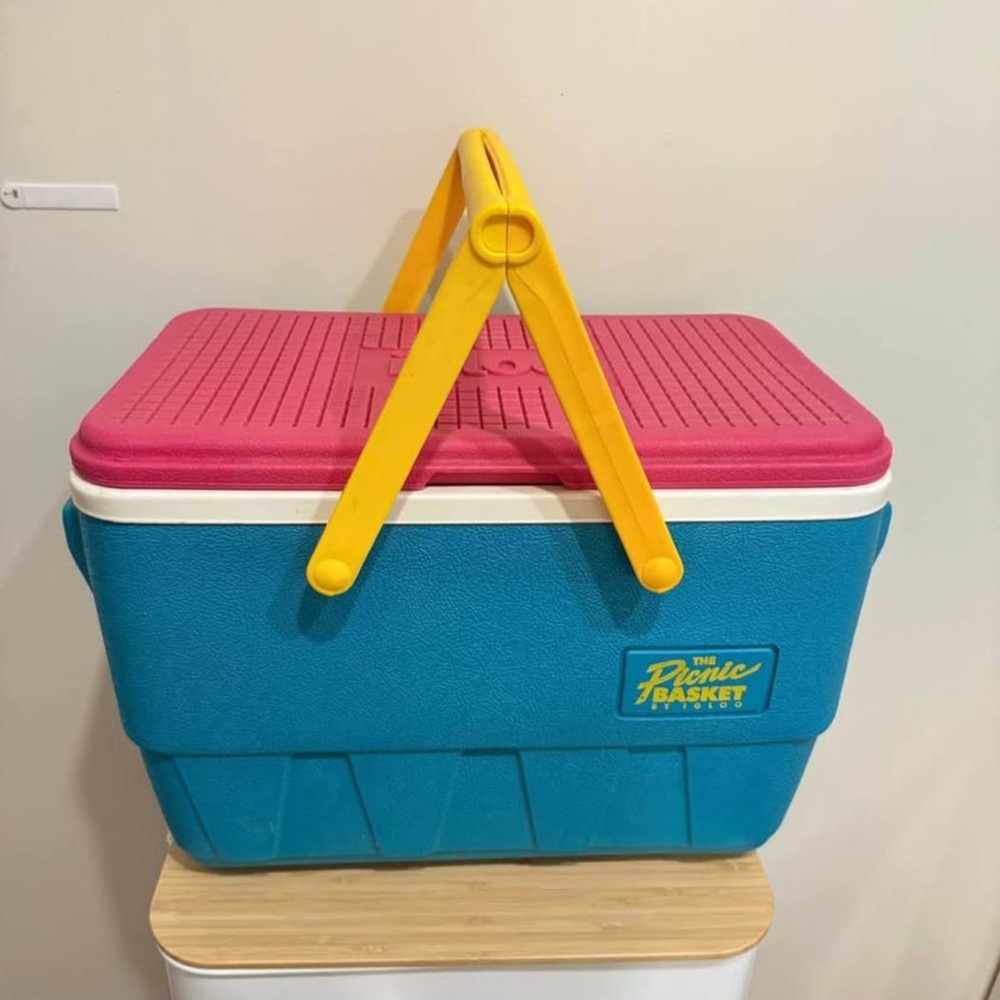 Vtg IGLOO The Picnic Basket Cooler 1990's Retro Teal Pink Yellow Handle Ice Box